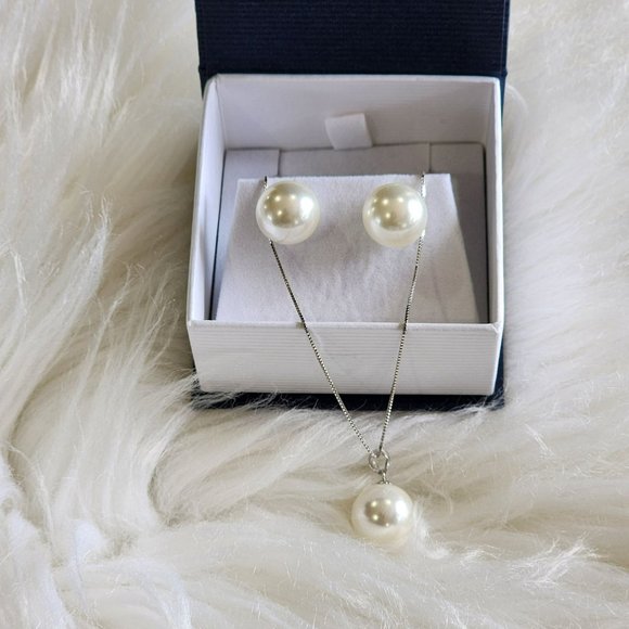 925 Sterling Silver 12mm White Shell Pearl Pendant Necklace And Earrings Set NEW - Picture 15 of 16